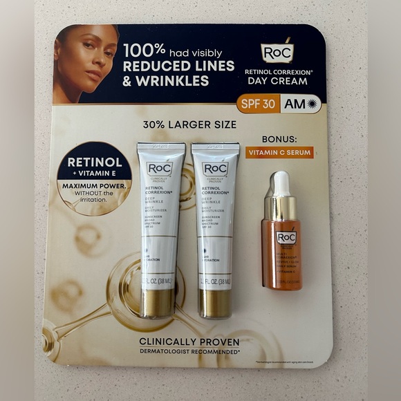 AM ROC RETINOL 13 OZ CORREXION DAY CREAM (2) & BONUS VITAMIN C SERUM 3 PACK - Picture 1 of 3